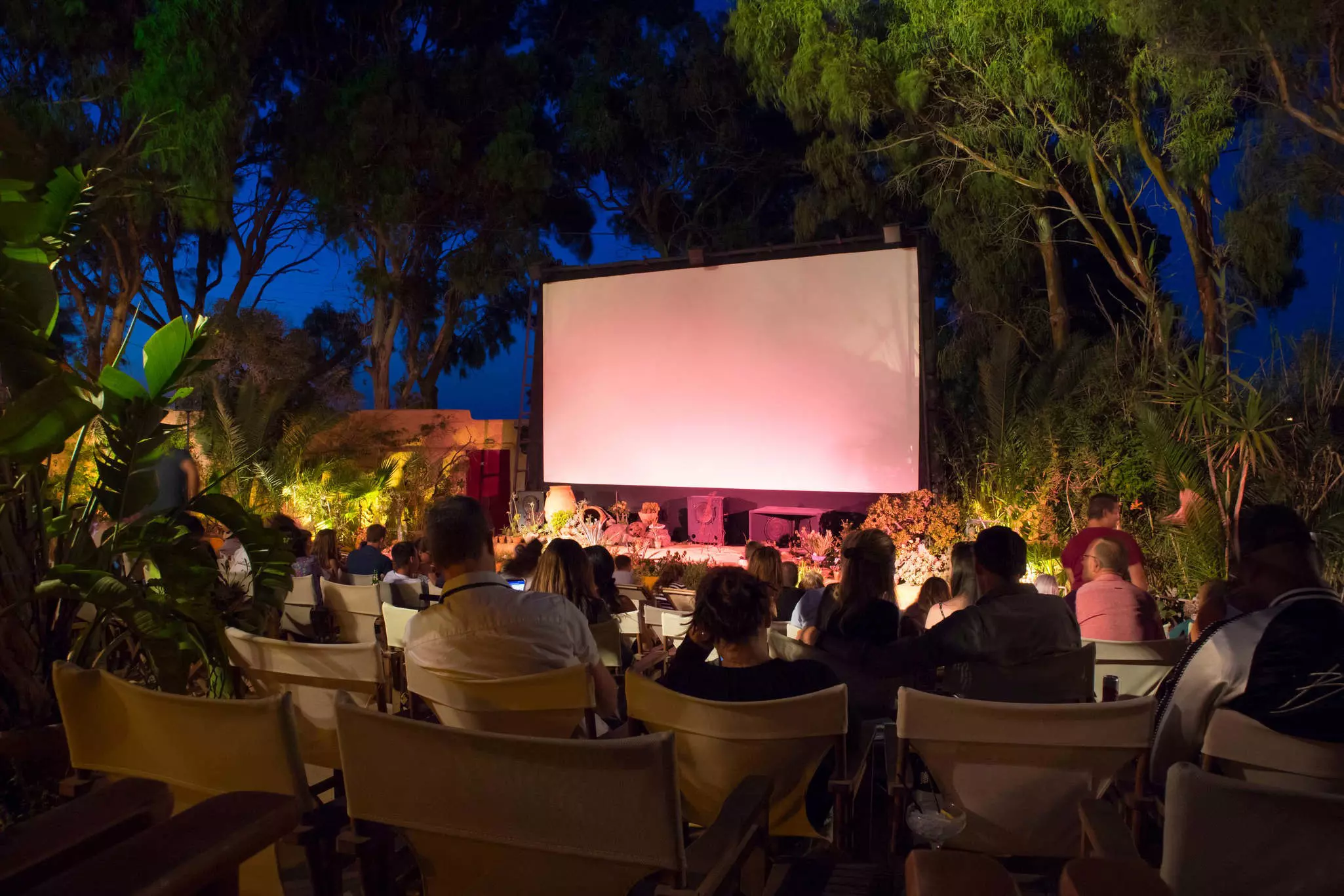 People sitting outdoors at dusk in rows of chairs in front of a screen surrounded by trees