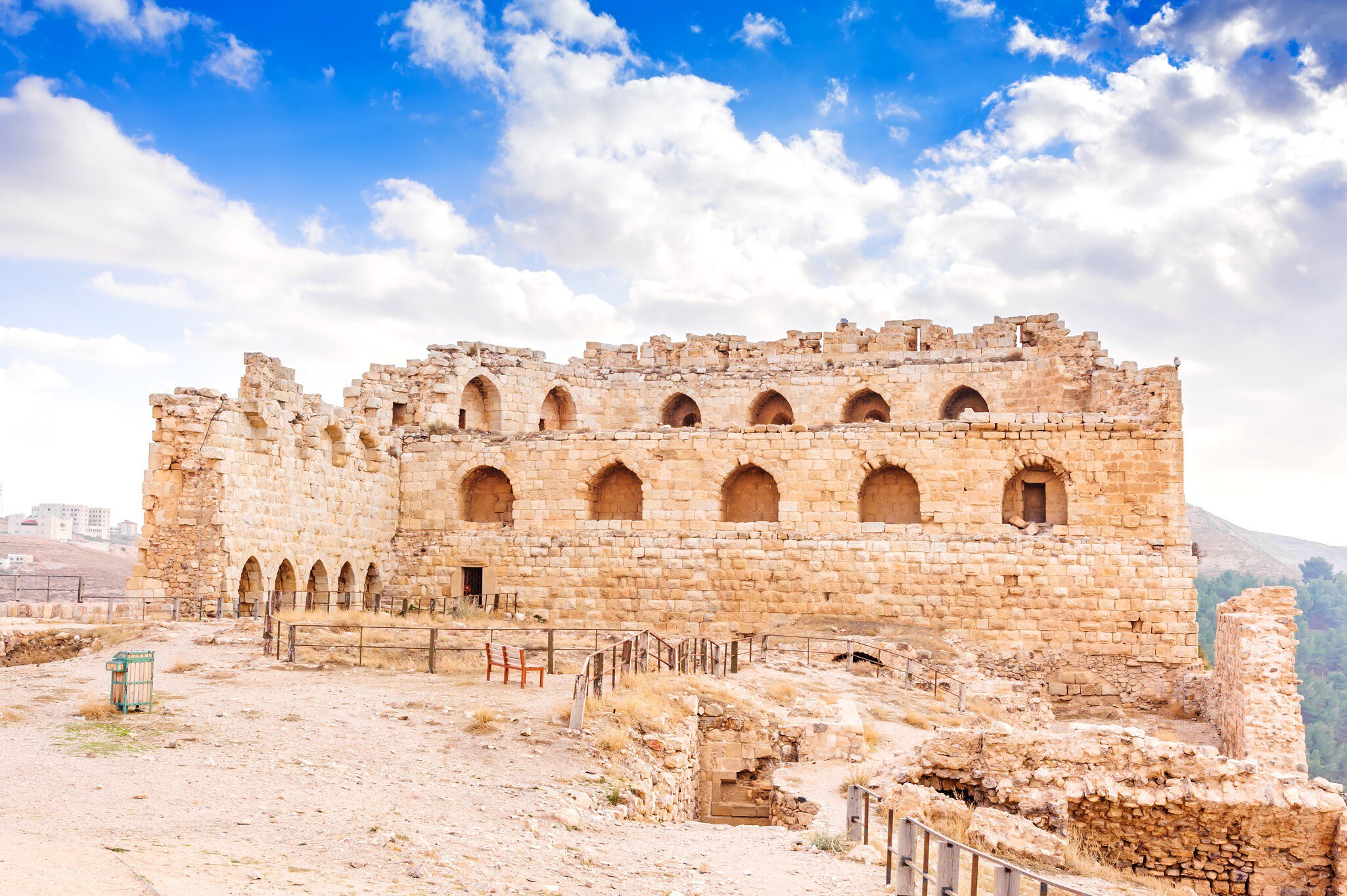 Karak Castle in Al Karak, Jordan. It is one of the largest crusader castles in the Levant and was built in 1142. It is located about 140 km south of Amman.