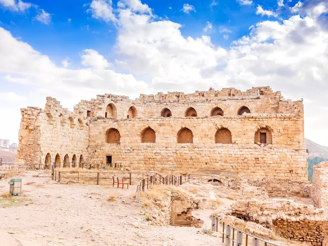 Karak Castle in Al Karak, Jordan. It is one of the largest crusader castles in the Levant and was built in 1142. It is located about 140 km south of Amman.