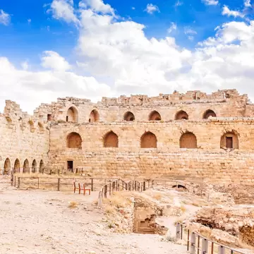 Karak Castle in Al Karak, Jordan. It is one of the largest crusader castles in the Levant and was built in 1142. It is located about 140 km south of Amman.