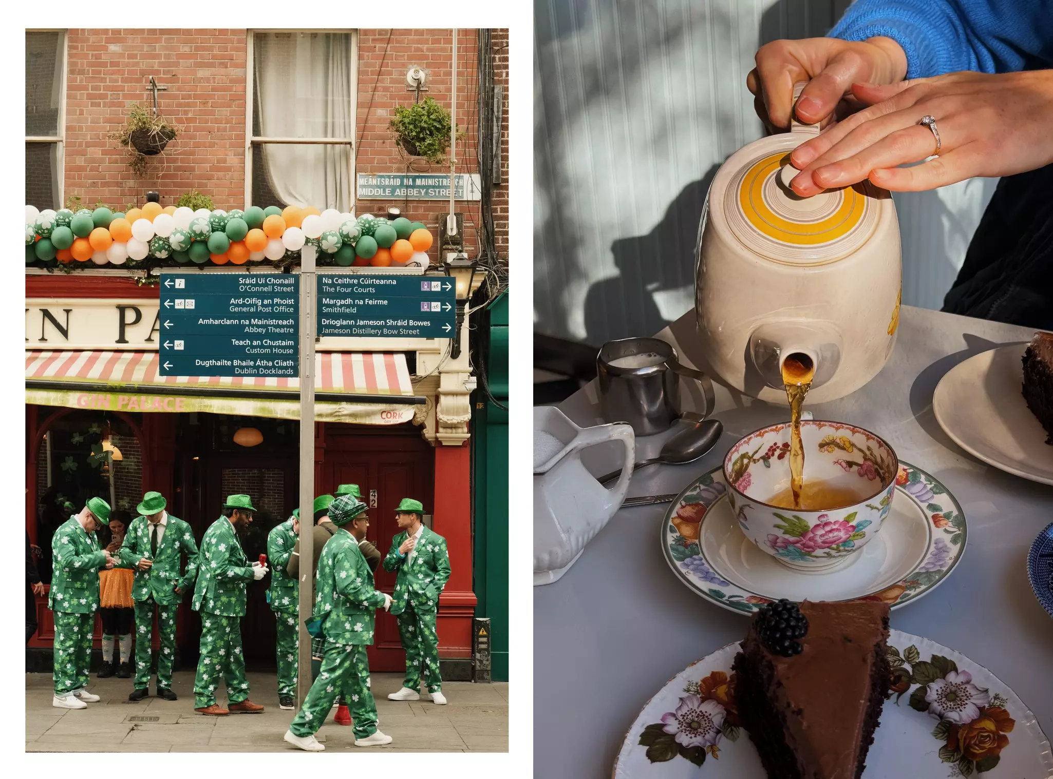 Left image: Men in green shamrock suits and hats in front of a bar on St Patrick's Day; right image: Two hands pouring tea from a kettle to a cup, there's chocolate cake on the table.