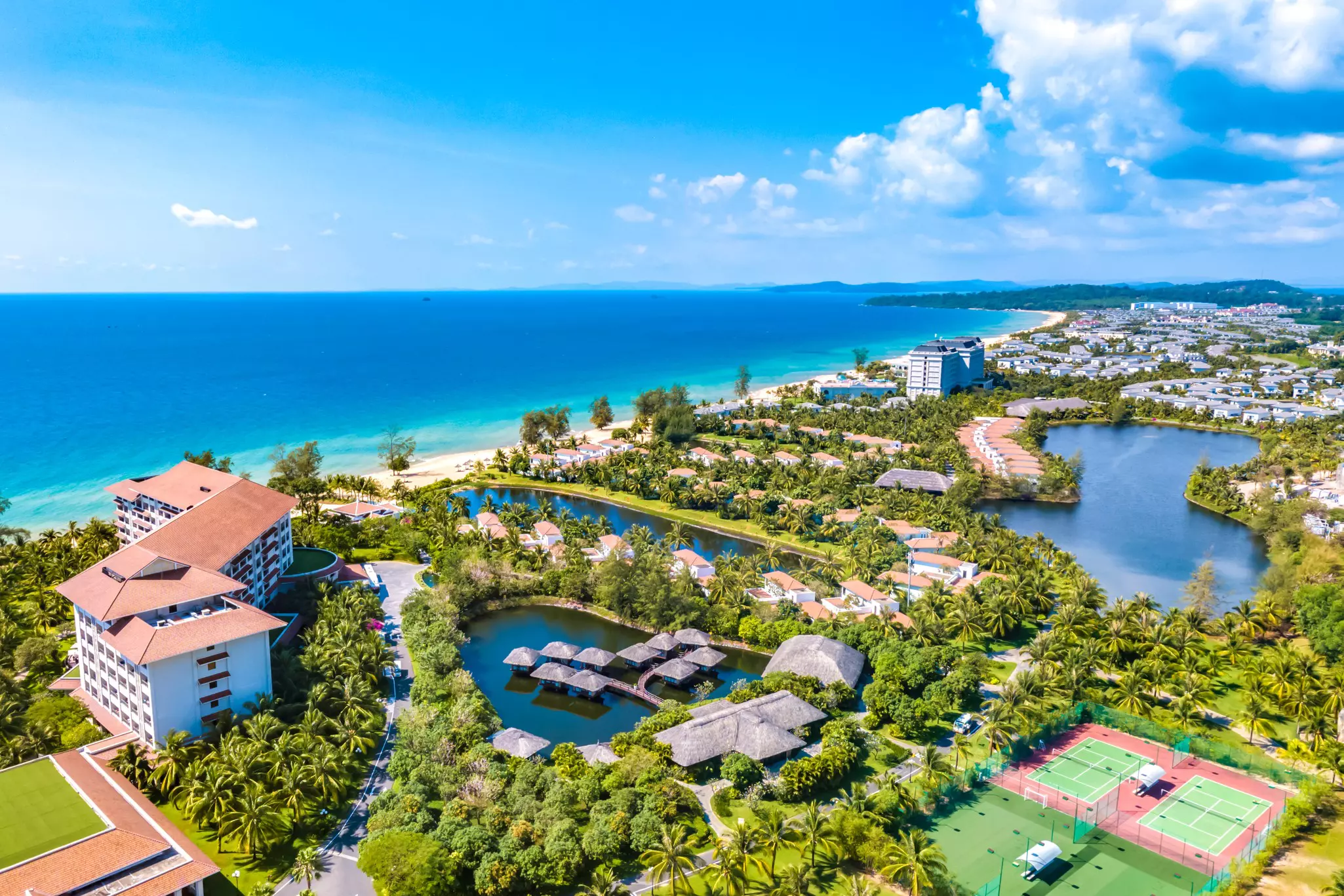 Coastal Scenery of Hotels and Resorts on Bai Dai Beach, Phu Quoc Island, a Popular Tourism Destination in Vietnam, Southeast Asia. Aerial View.