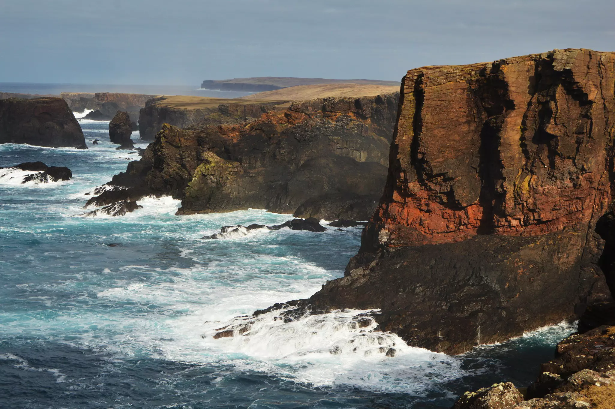 The towering Eshaness cliffs in the north of Mainland in the Shetland Islands, Scotland.