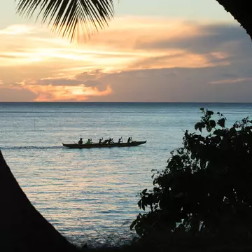 Hawaiian outrigger canoes and palm trees on the beach at sunset, Kihei, Maui, Hawaii, USA