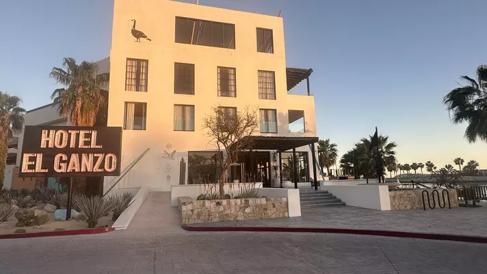 Tan building with neon sign that reads Hotel El Ganzo surrounded by palm trees. 