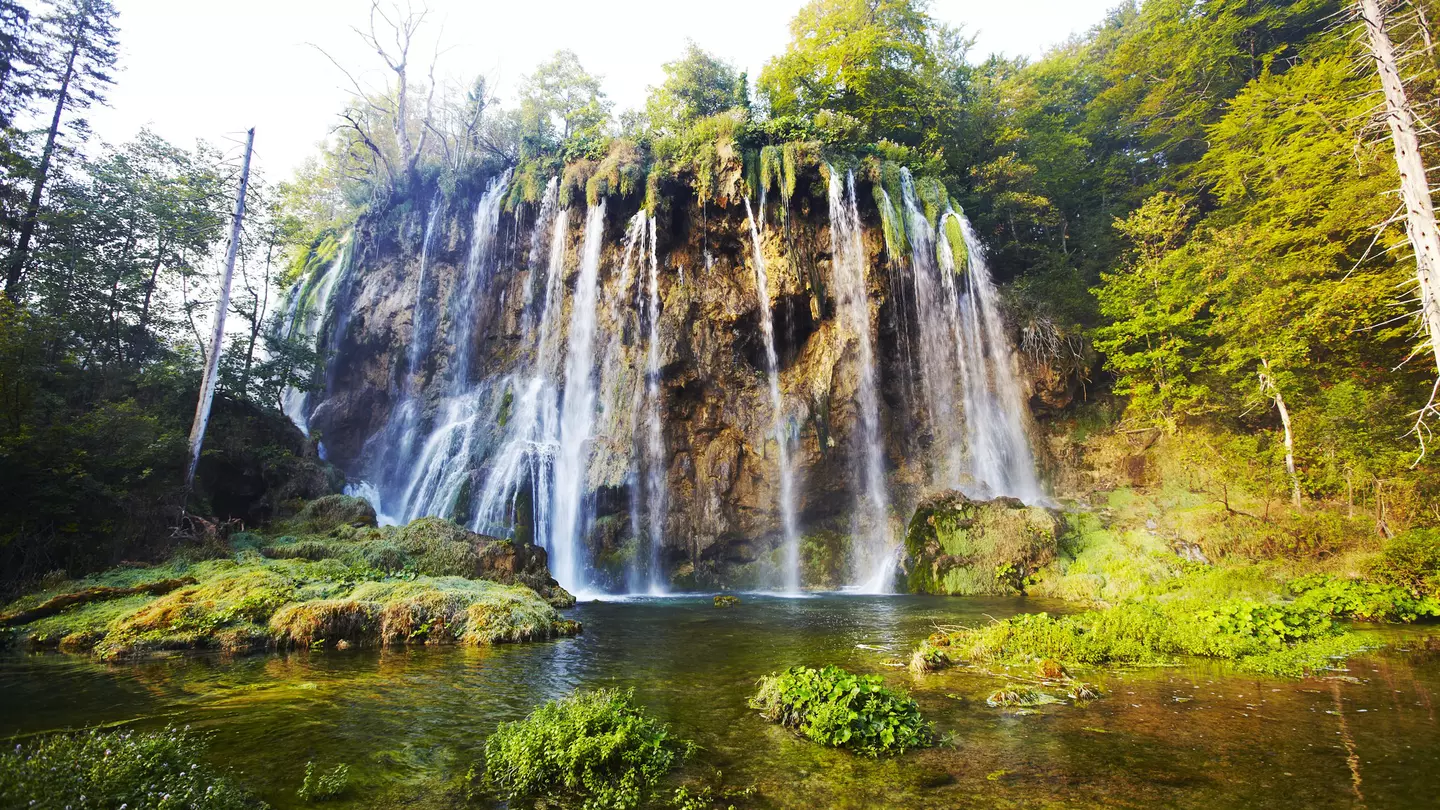 Water cascading into a lake