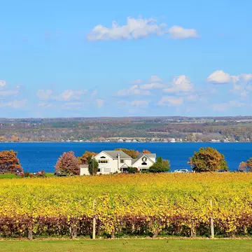 Large white house with autumnal-colored vineyard in front and lake view in the distance and trees on the far horizon on a sunny day.