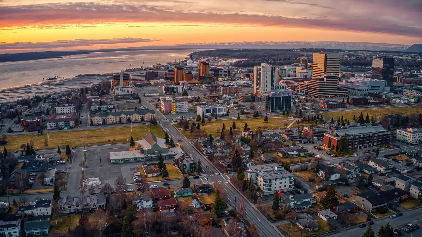 Aerial View of a Sunset over Downtown Anchorage, Alaska in Spring
