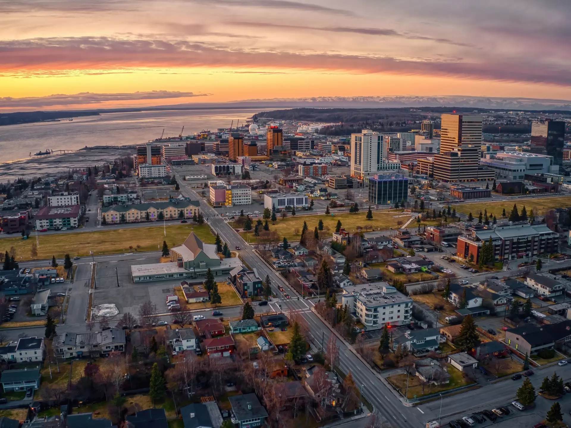 Aerial View of a Sunset over Downtown Anchorage, Alaska in Spring