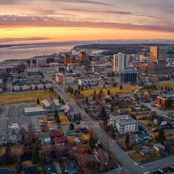 Aerial View of a Sunset over Downtown Anchorage, Alaska in Spring
