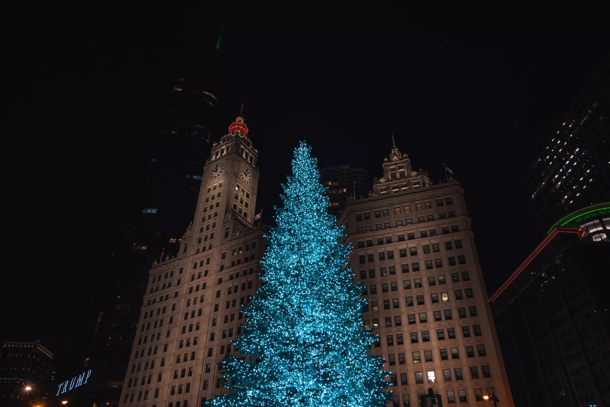 A lit-up Christmas tree with two skyscrapers behind