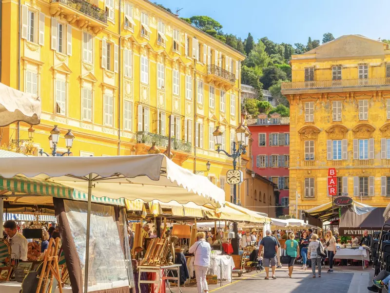 Monday Antiques Flea Market Marché à la Brocante at the Cours Saleya square in the historic Vieux Nice old town district of the seaside city of Nice, French Riviera