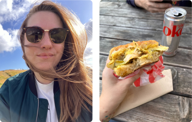 Erin on Arthur's Seat, and enjoying a vegan cuban