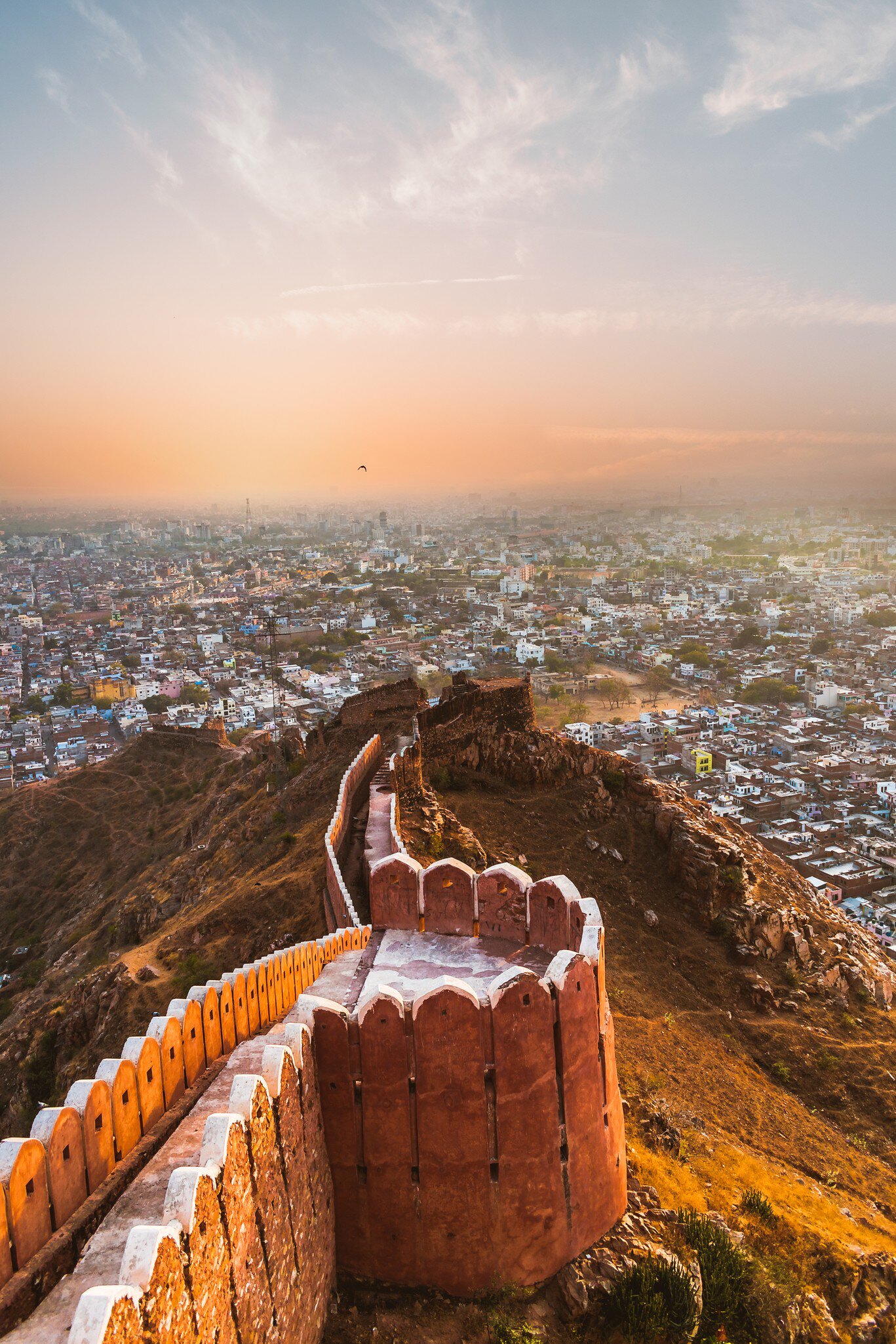Sunset over Jaipur city, as seen from Nahargarh Fort. Jaipur, Rajasthan, India.