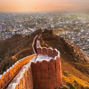 Sunset over Jaipur city, as seen from Nahargarh Fort. Jaipur, Rajasthan, India.