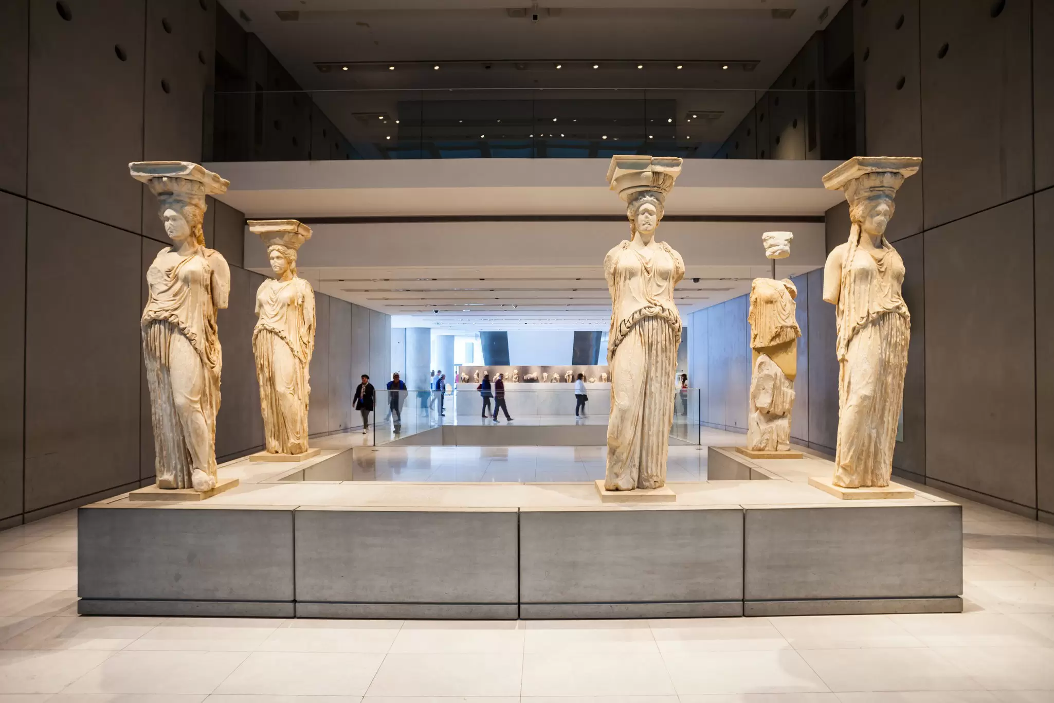 View of statues inside the Acropolis Museum in Athens, Greece.