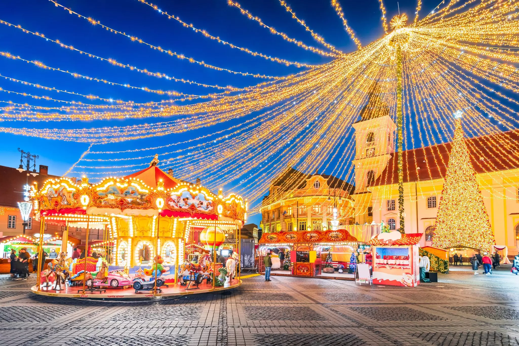 A Christmas market in the main square in Sibiu, Romania.