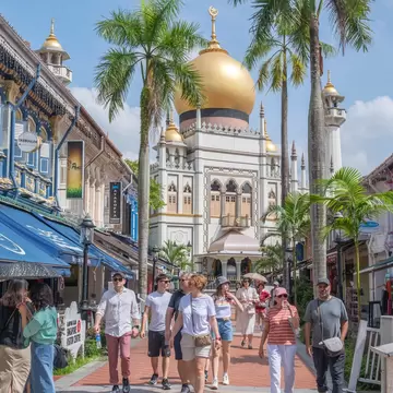 Visitors stroll a palm-lined street of colourful shophouses toward a white mosque topped by a large gold onion dome