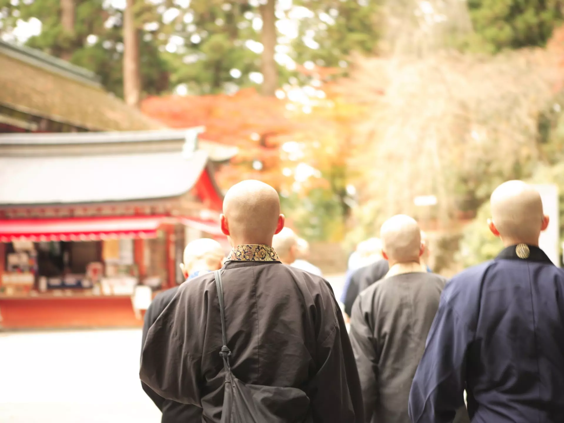 Priests advocating a sutra at the front of Enryakuji temple ,Konpotyudo, Kyoto Japan