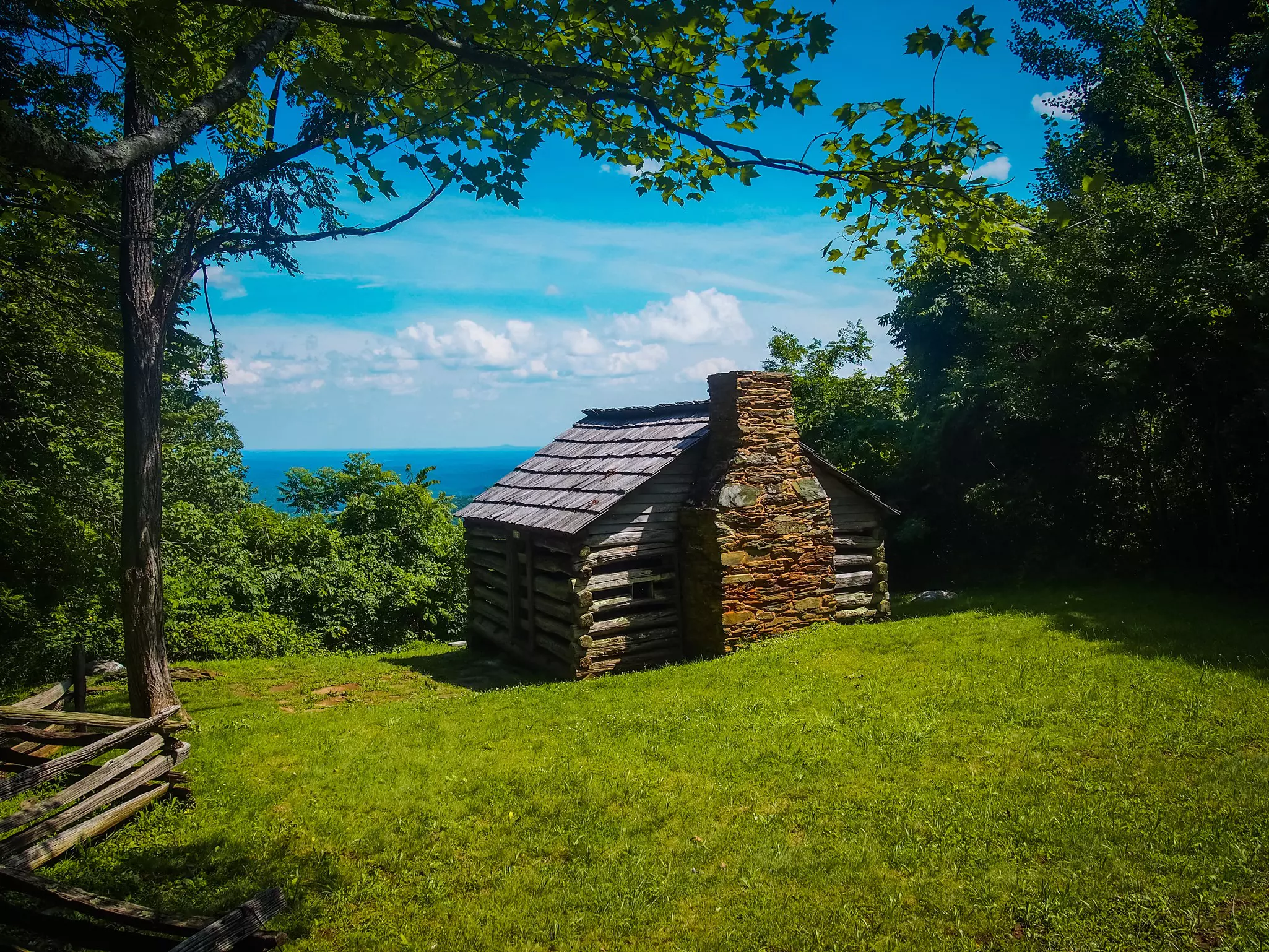 Wood cabin with slate roof in recreation area at Blue Ridge Parkway in Virginia