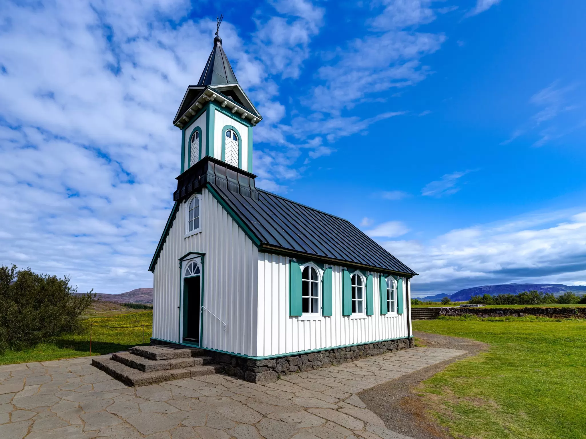 View of Þingvallakirkja, a chuch in Þingvellir National Park on a sunny day in Iceland.