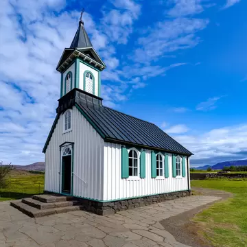 View of Þingvallakirkja, a chuch in Þingvellir National Park on a sunny day in Iceland.