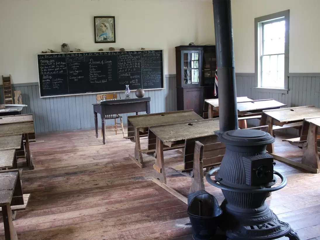 View of a one-room school house at Orwell Corner Historic Village on Prince Edward Island, Canada.