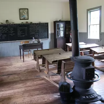 View of a one-room school house at Orwell Corner Historic Village on Prince Edward Island, Canada.