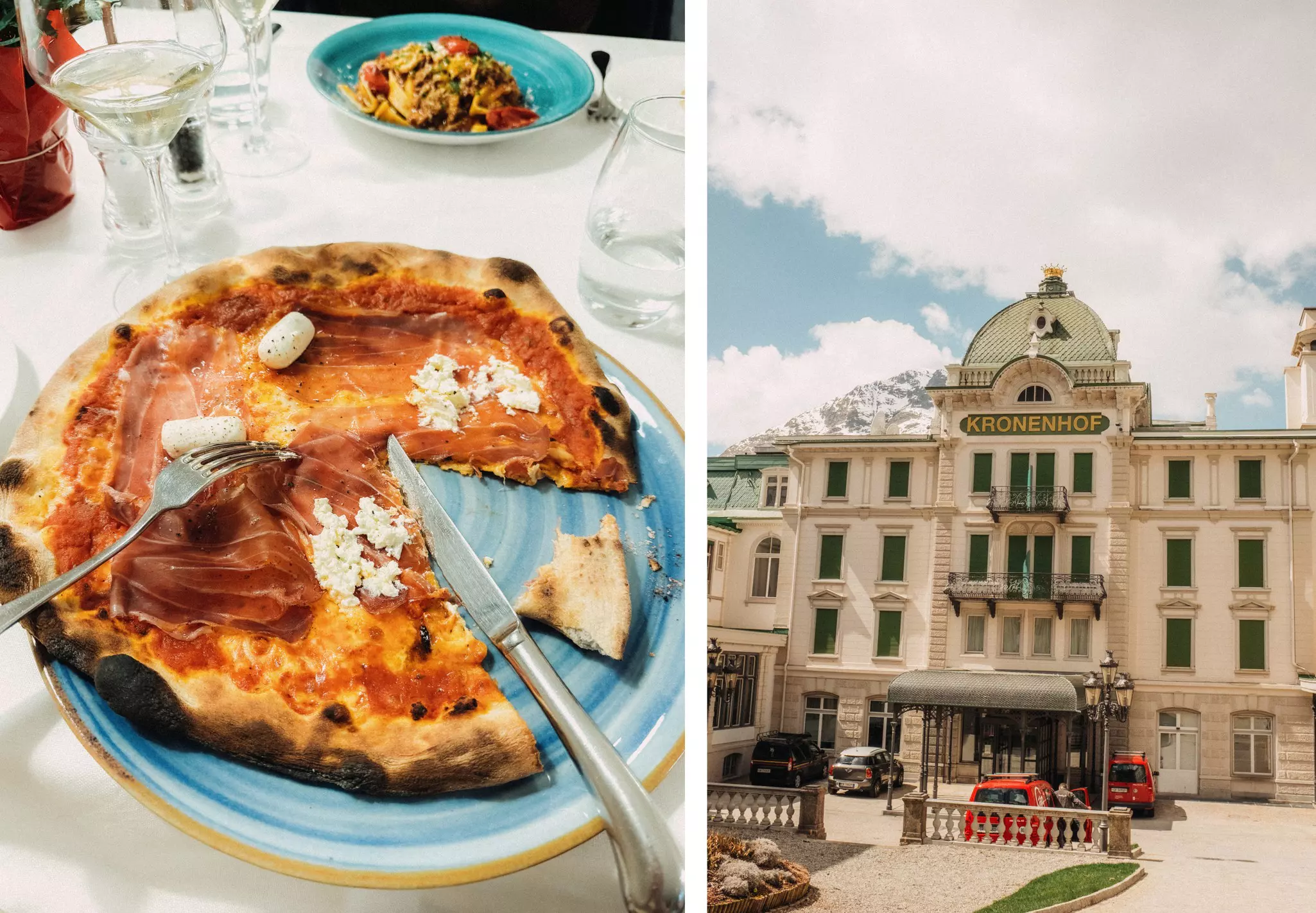 Left, a pizza on a plate with a knife and fork arranged, right, a skewed angle image of a hotel with red taxis outside of it