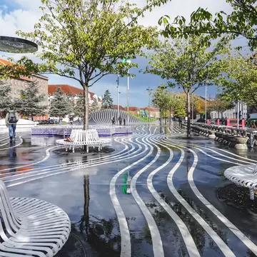 The famous urban landscape intervention 'Superkilen' after a heavy rainfall in autumn. Copenhagen, Denmark.