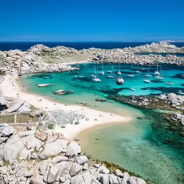 The Lavezzi island viewed from a drone in Bonifacio, Corsica, France.