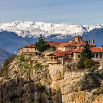View of Moni Megalou Meteorou (the Great Meteoron Monastery) perched on the rock in Meteora, Greece.