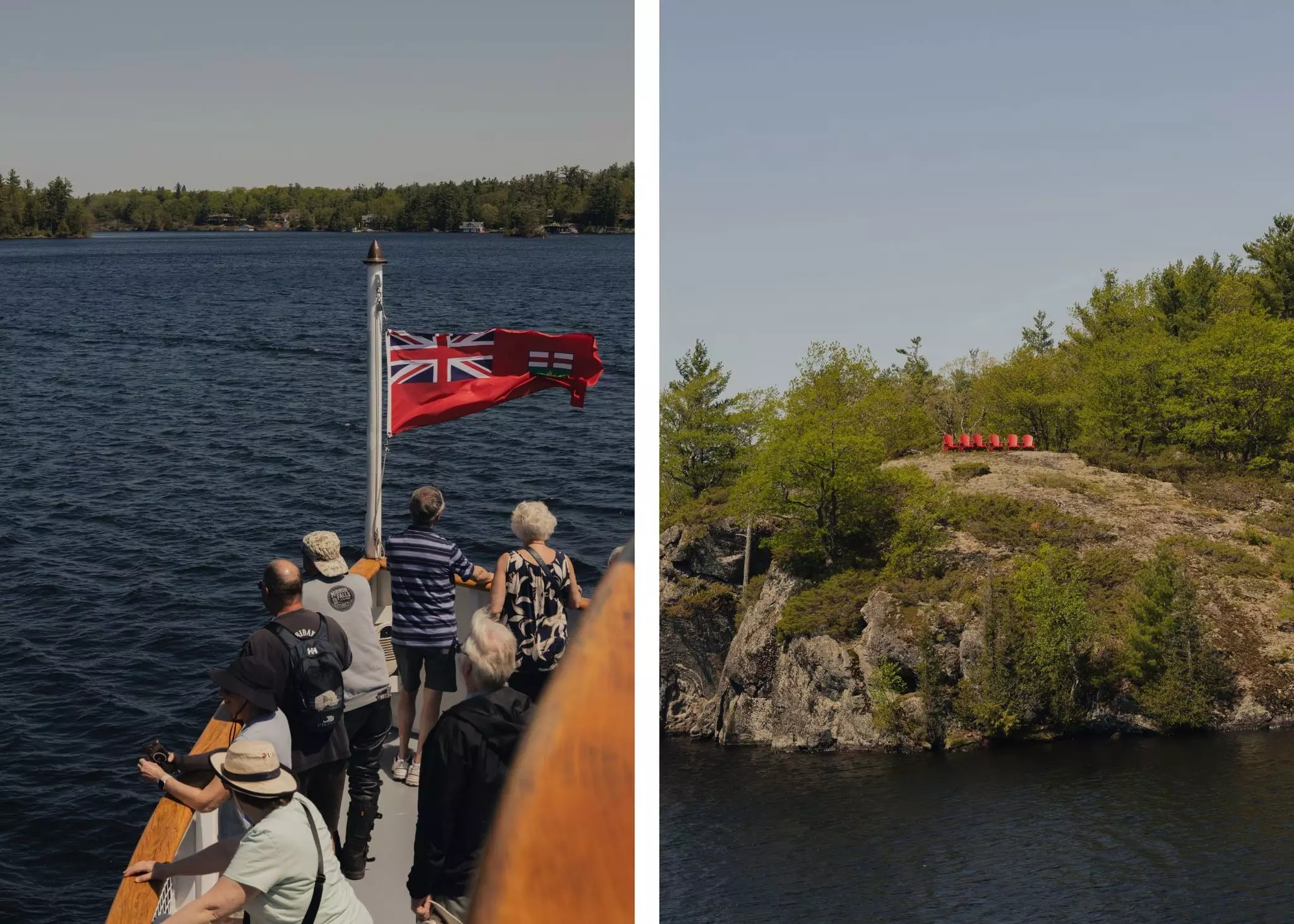 People looking out from a boat onto a lake on the left; a small island with chairs on it on the right.