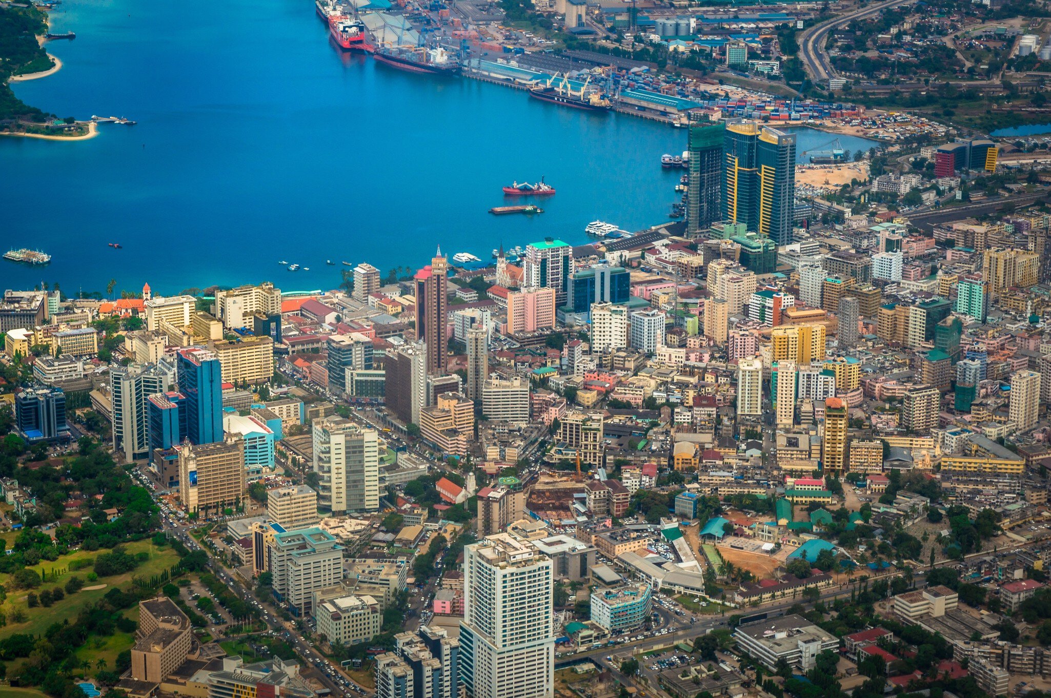 Aerial view of waterfront cityscape, Dar es Salaam, Tanzania