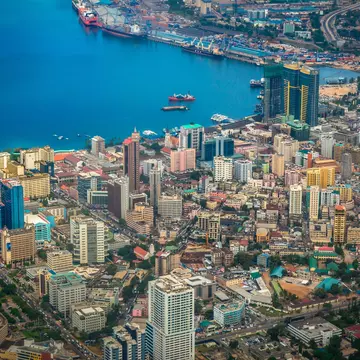 Aerial view of waterfront cityscape, Dar es Salaam, Tanzania