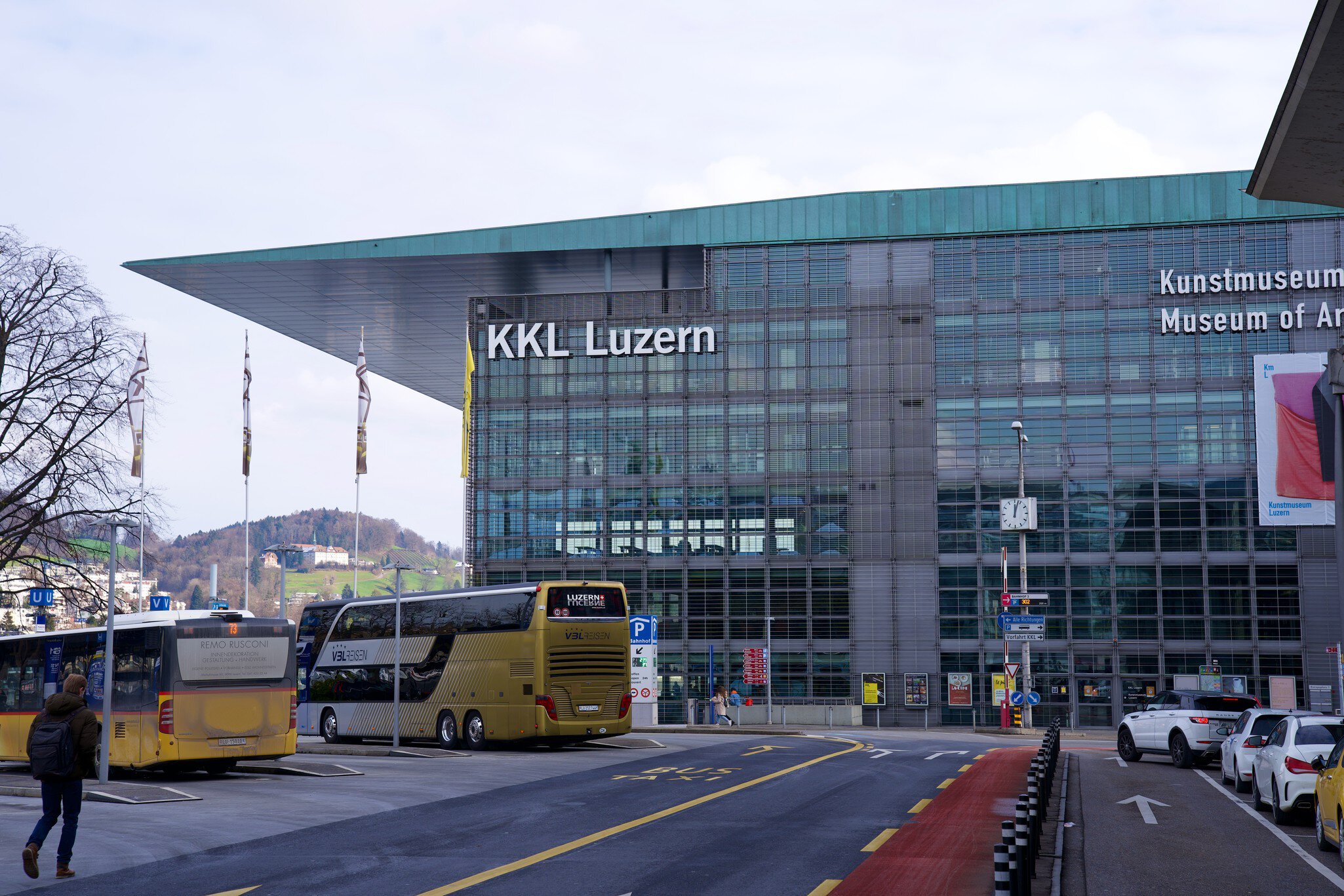 Famous KKL culture and convention centre and Museum of Art at Swiss City of Luzern on a blue cloudy winter day. Photo taken January 8th, 2021, Lucerne, Switzerland.; Shutterstock ID 1889676676;