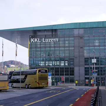 Famous KKL culture and convention centre and Museum of Art at Swiss City of Luzern on a blue cloudy winter day. Photo taken January 8th, 2021, Lucerne, Switzerland.; Shutterstock ID 1889676676;