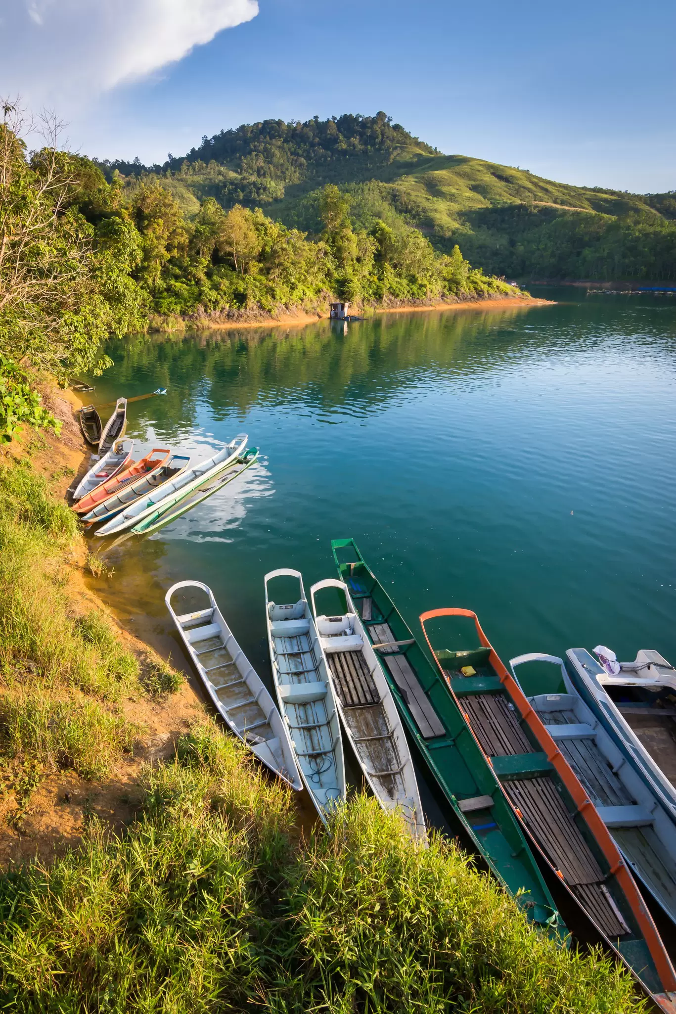 Low long wooden canoe-like boats grouped together at the edge of a lake in the sunshine: Batang Ai Lake