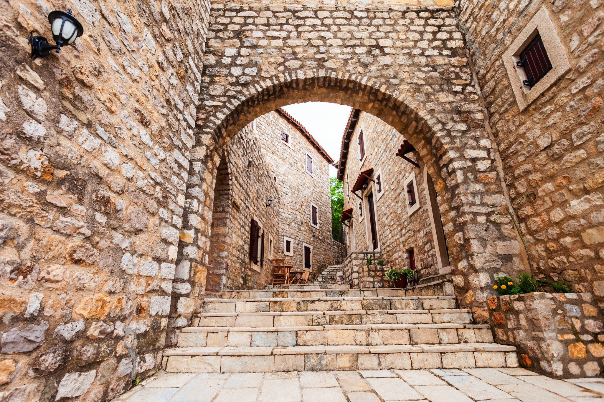 Local houses in Ulcinj Old Town or Stari Grad, an ancient castle and neighborhood in Ulcinj, Montenegro