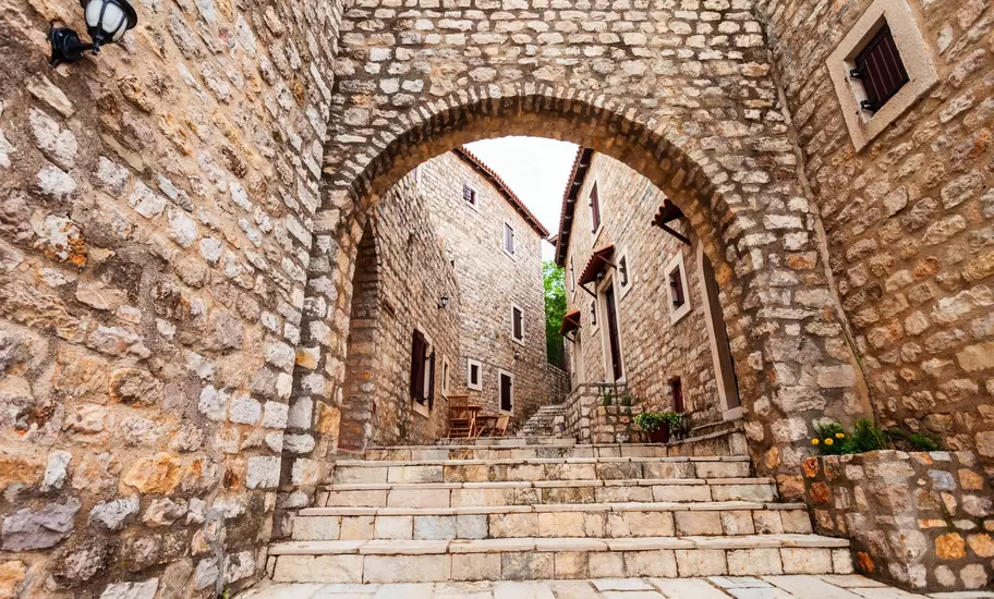 Local houses in Ulcinj Old Town or Stari Grad, an ancient castle and neighborhood in Ulcinj, Montenegro