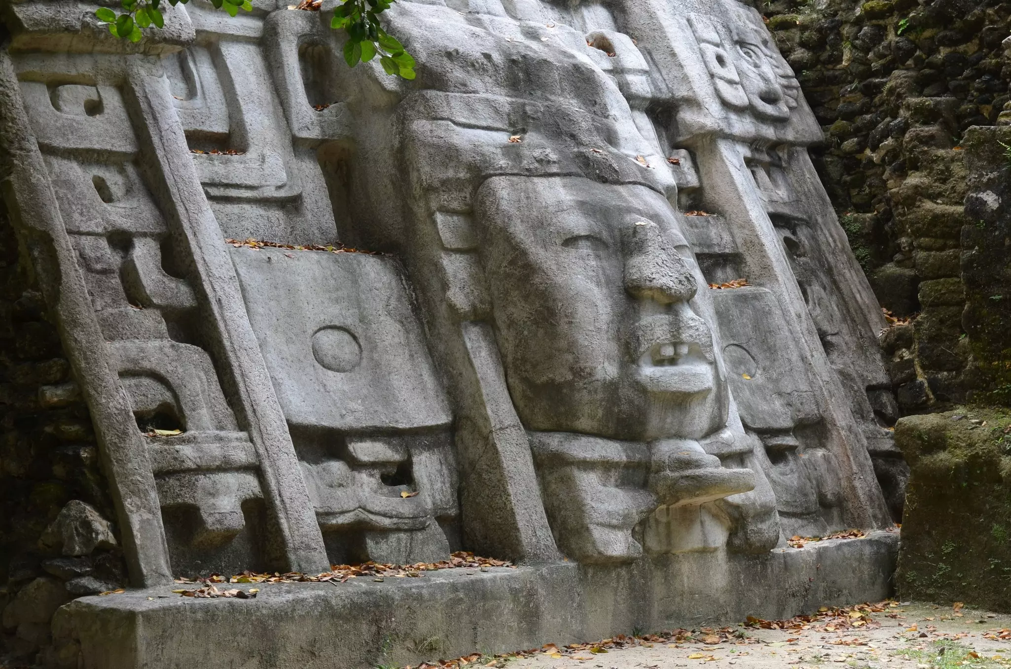 Close up of portion of Mayan Mask Temple found in Lamanai National Park, Belize.