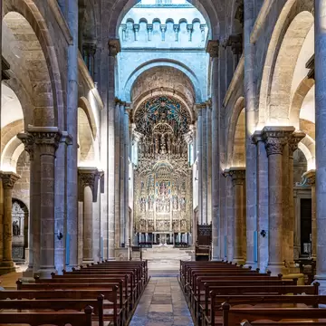 View down the central nave of the Sé Velha in Coimbra, Portugal.
