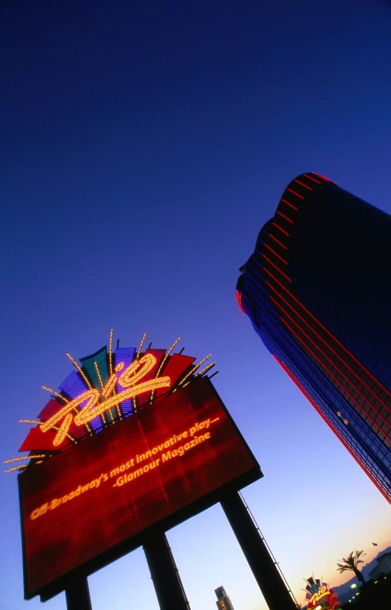 The sign of the Rio Hotel and Casino against the night sky in Las Vegas
