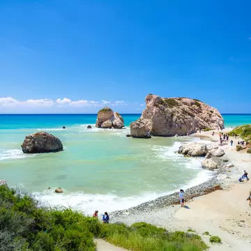 The famous beach of Aphrodite's rock or Venus rock, Petra tou Romiou, Cyprus; Shutterstock ID 1386902252;