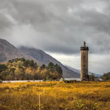 Panoramic view with famous Scottish lake Loch Shiel with Glenfinnan monument, Scotland.