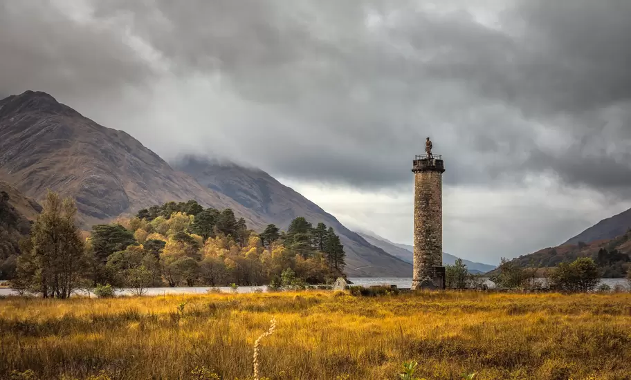 Panoramic view with famous Scottish lake Loch Shiel with Glenfinnan monument, Scotland.