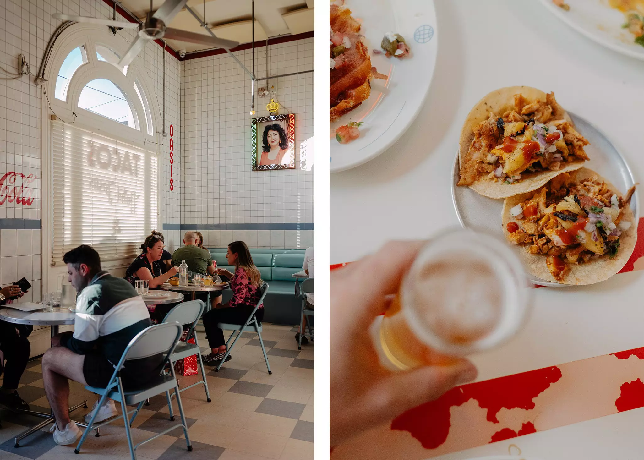 Left, people eating in a taco restaurant; right. a hand holding a beer next to a plate of tacos