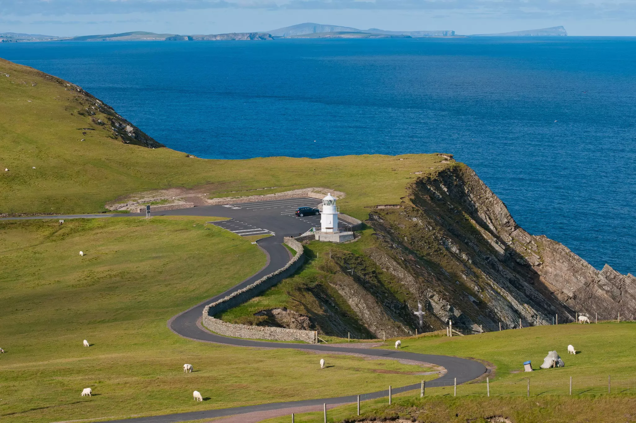 Looking toward the lighthouse at Sumburgh Head, Shetland Islands, Scotland.