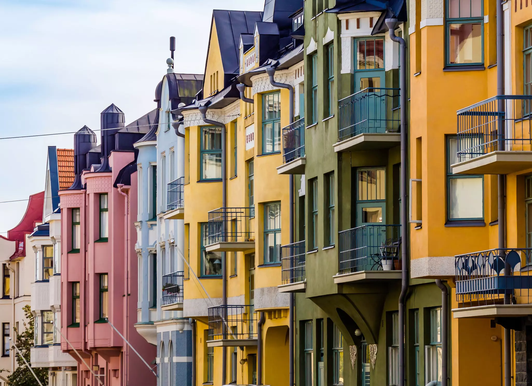 Colorful houses on Huvilakatu in Helsinki, Finland.