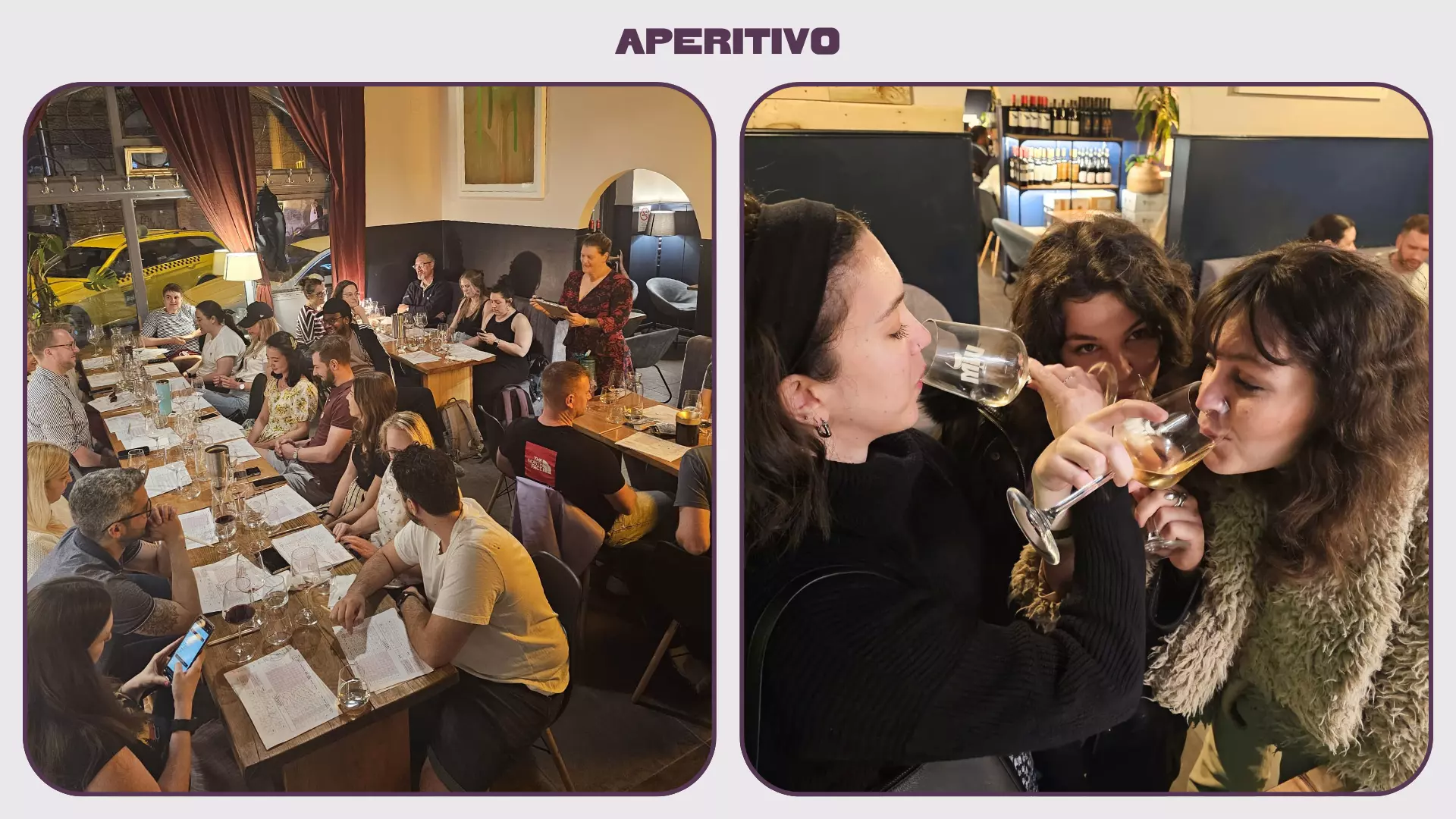 A diptych shows the interior or a wine bar and women drinking wine.